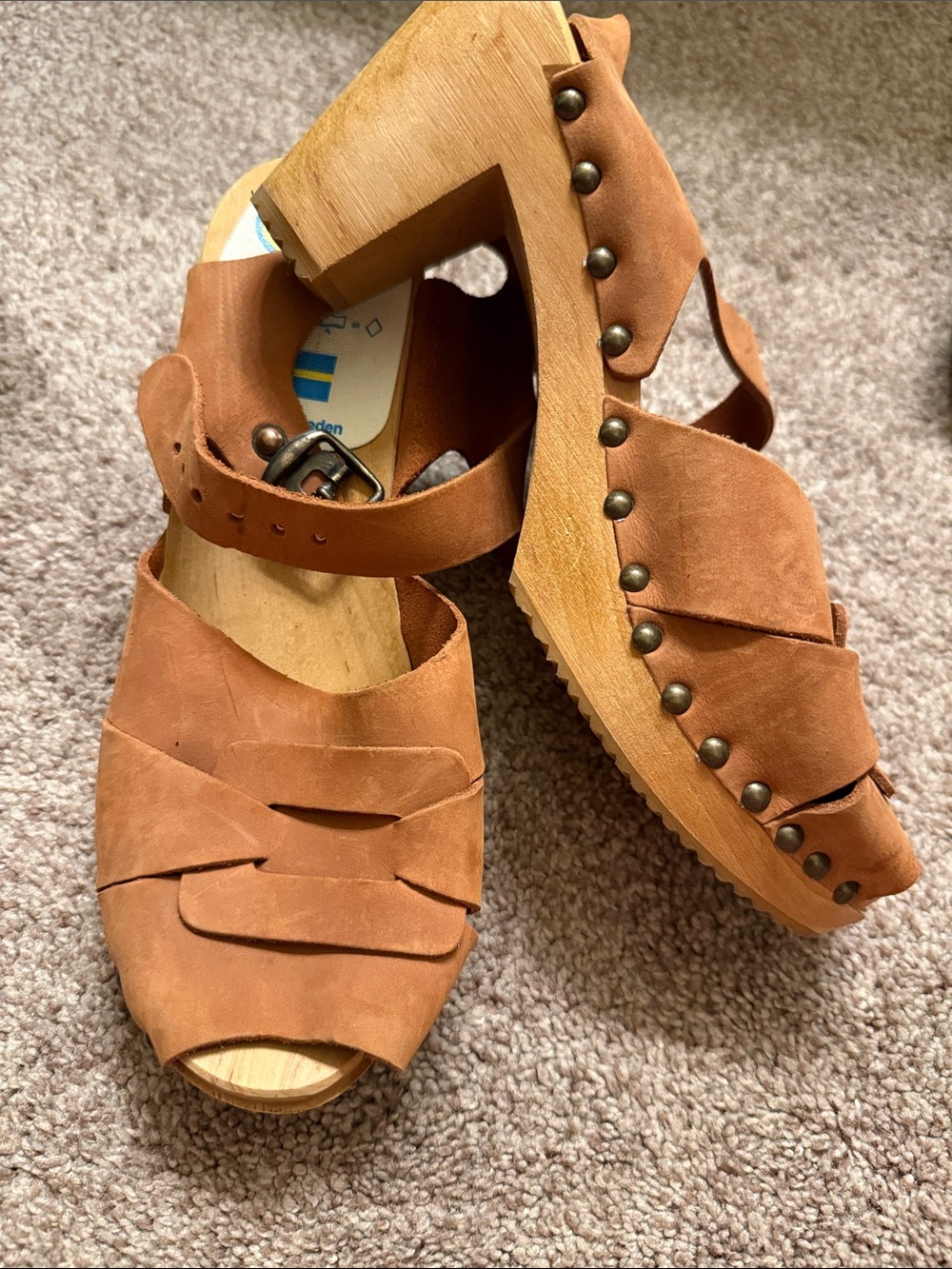 Women's Suede Cognac Studded Wooden Clog Sandals